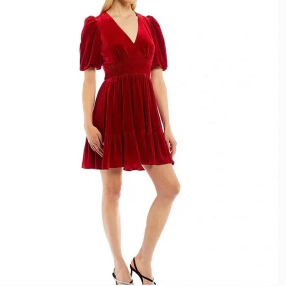 Antonio Melani Thelma Short Bubble Sleeve V-Neck Smocked Waist Velvet Dress
